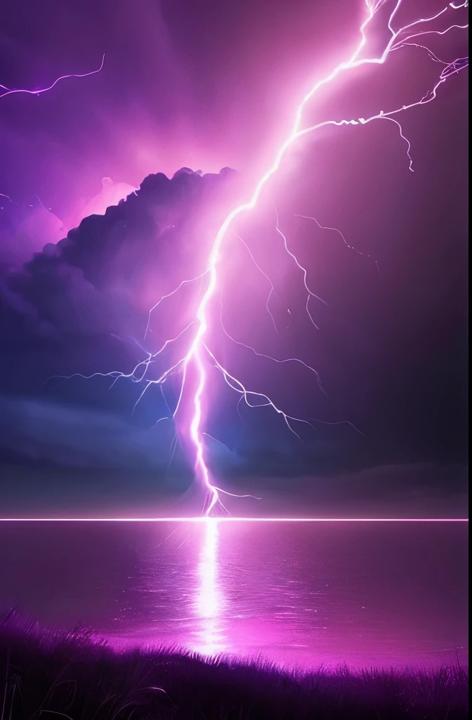 purple lightning streaks over a body of water under a cloudy sky, a picture by Anato Finnstark, tumblr, romanticism, dramatic purple thunders, pink lightning, pink storm clouds, magenta lighting. fantasy, purple lightning, beautiful lightning, dramatic pink light, purple. ambient lightning, lightning clouds, beatifull lightning, amazing lightning, exquisite lightning