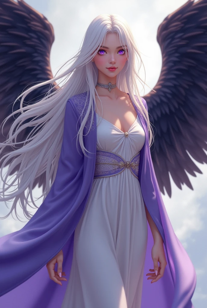 A 20-year-old girl with white hair and purple eyes and wearing a long dress with a white shirt with a long purple Marga with black wings with a positive personality 
