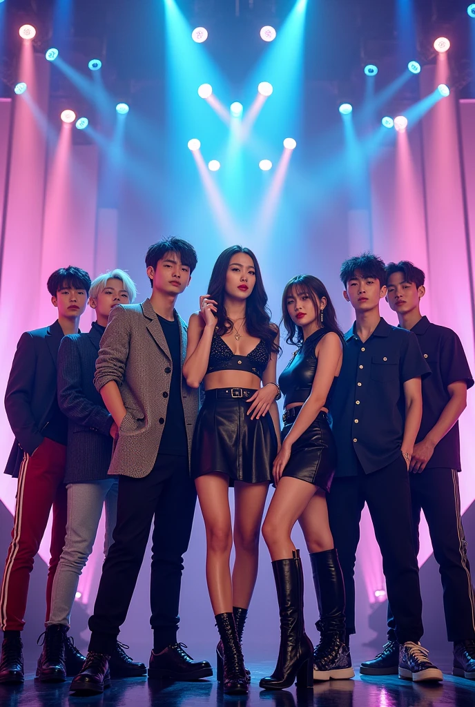 1 woman, 7 men, kpop artists, posing on stage, everyone's face seen clearly like real people