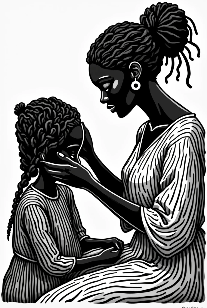 Black woman braiding her daughter&#39;s hair In black and white woodcut style with lots of black and white detail 