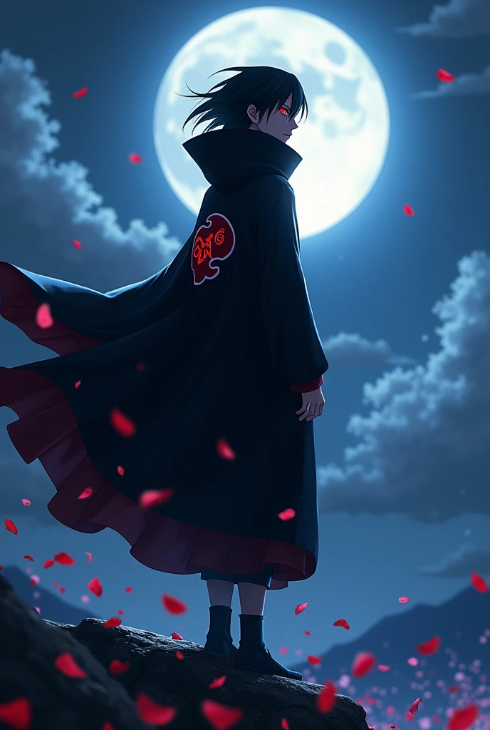 "Depict Itachi Uchiha standing on a rocky outcrop under a night sky illuminated by a full moon. His signature black cloak with red clouds billows in the wind, contrasting against the deep blue of the night. His dark hair falls elegantly around his face, partially obscuring his intense, red Sharingan eyes that seem to glow with a haunting light. A gentle breeze rustles his clothing, while cherry blossom petals float around him, adding a touch of beauty to the scene. In the background, the outlines of ancient trees and distant mountains create a sense of depth, emphasizing Itachi’s solitary and enigmatic nature. His expression is calm yet determined, reflecting the weight of his choices and the burden of his past."