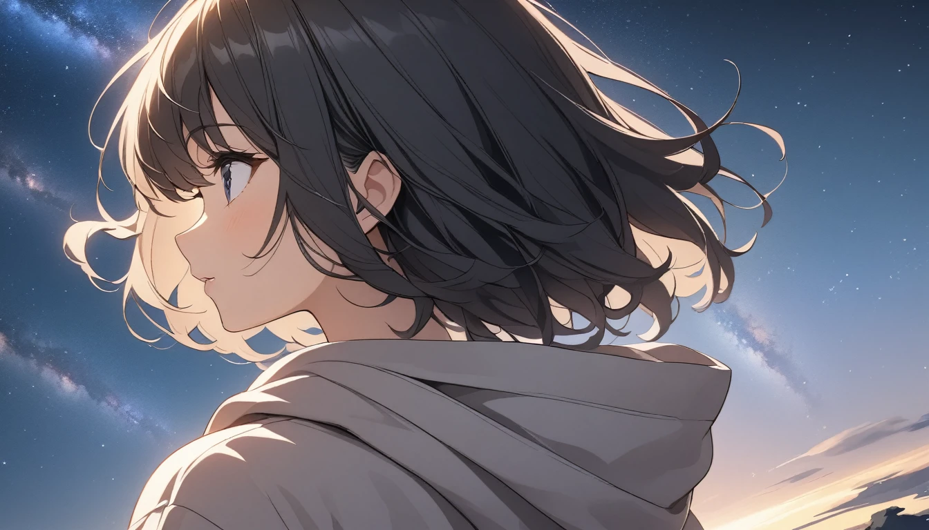 Starry Sky、milky way、One woman、Black Hair、Short Hair、Hair blowing in the wind、Wearing a hoodie、Back view、Upper Body、Low - Angle