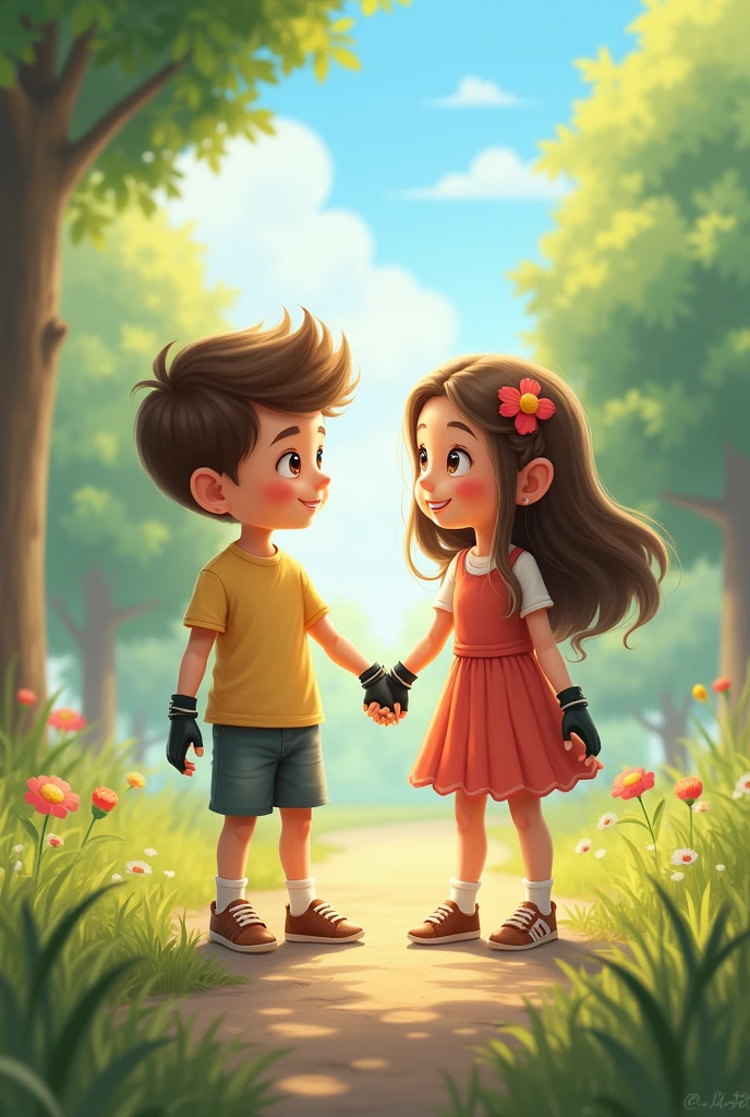 A boy and girl holding hands with bycicle gloves on, on the hands