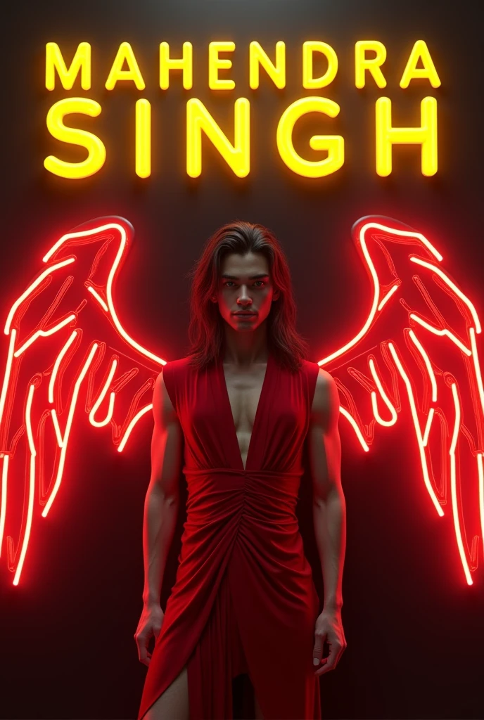 Create a 3D realistic image of a 20 year-old attitude boy wearing a red dress, with, Long Hair style. He leaning against a wall with the name ”MAHENDRA SINGH” written top in big capital stylish yellow neon font written on the back black wall, hyper realistic 32k with fantasy style and the Black 3d red neon light Angels wings.