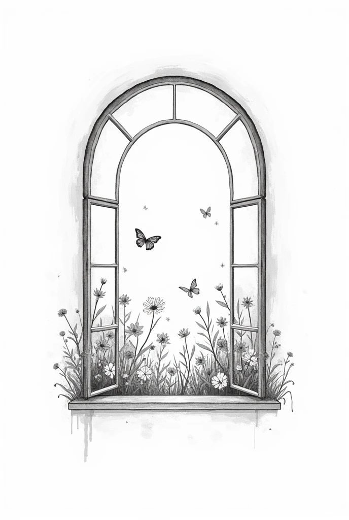 Create a very minimalist and delicate black and white illustration for a tattoo with fine lines of an open vintage window, with a flower garden with butterflies outside.