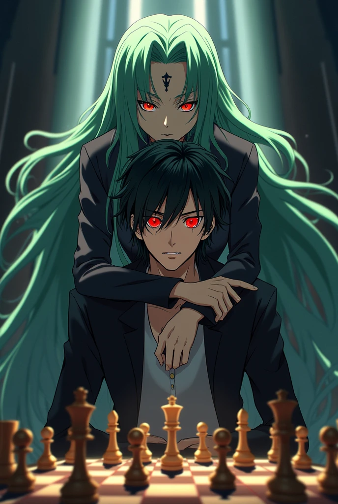 Lelouch with "geass sign in his eyes" from "code geass" playing chess alone with c.c. Standing behind him hugging his head, anime drawning, 4k. C.C has long green hair with red visable geass sign on forhead