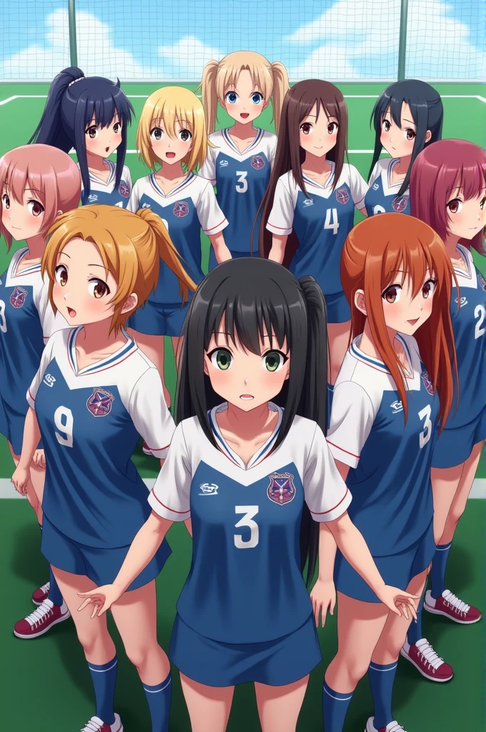 Photorealism: 9 girls in one team pictures anime, and with same jersey with different number