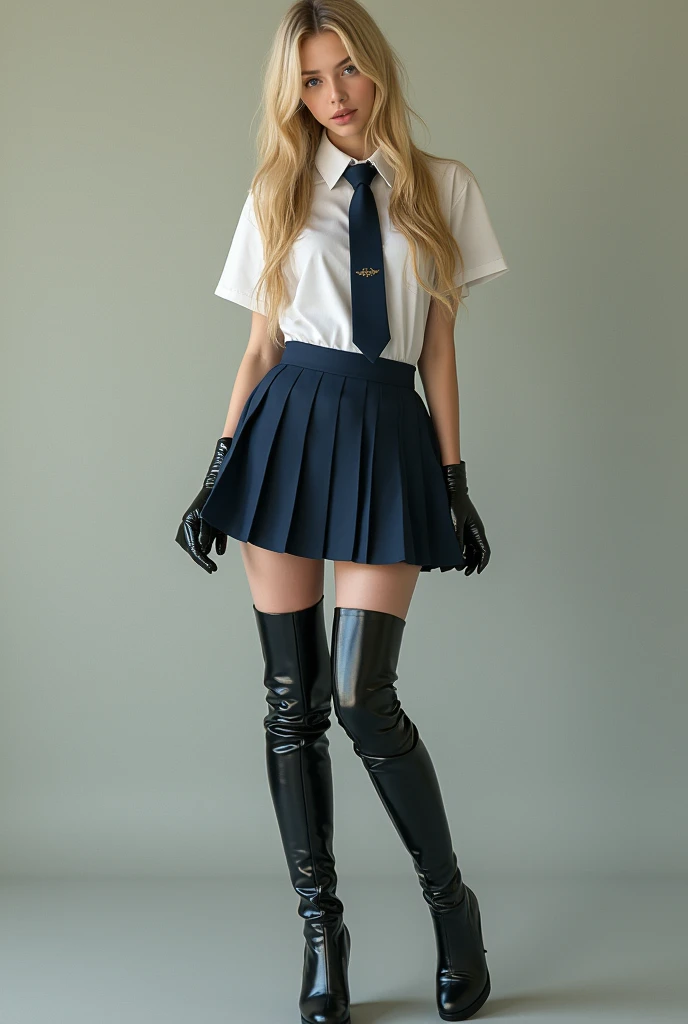 beautifull 18 year old blonde schoolgirl, in her uniform with shirt tie and skirt, with an apron on. She has long latex gloves and long leather heel boots. Shes touching her skirt. Cuerpo entero.