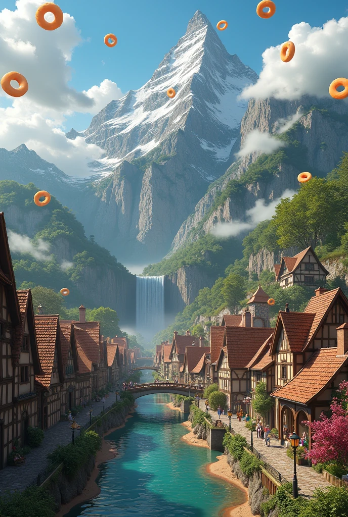 Make a medieval town at the foot of a mountain with a waterfall that feeds a chocolate lake and donut clouds