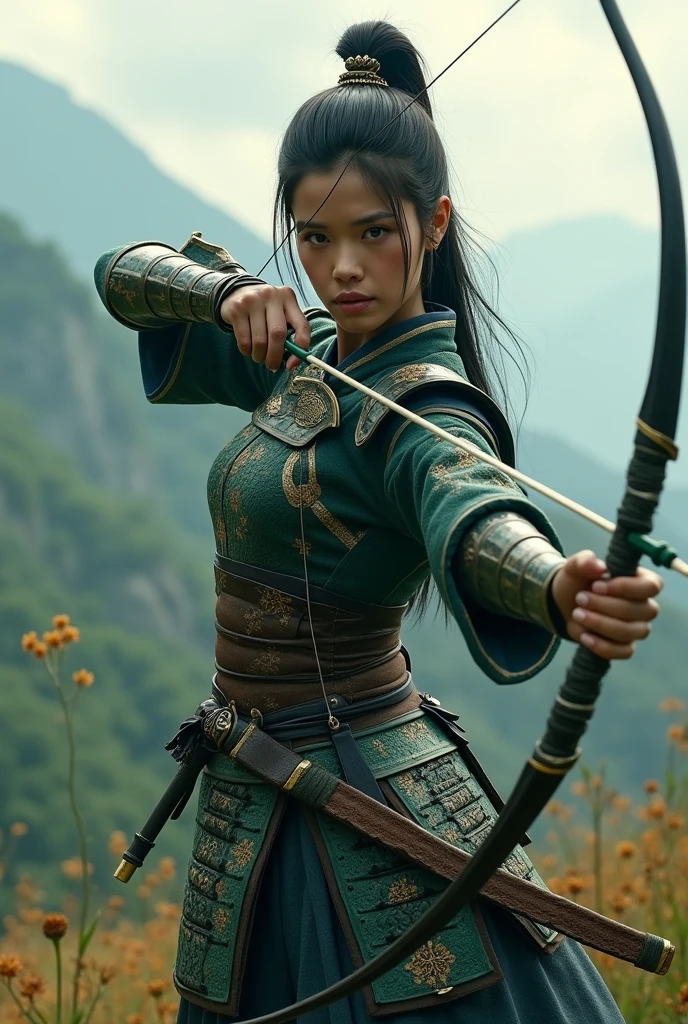 Young Onna-bugeisha fighting in the hot jungle