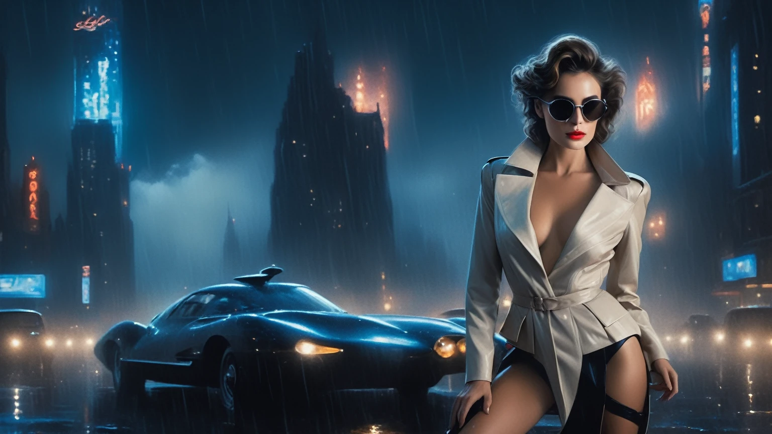 (Hyper-realistic photograph:1.4), Captivating scene under the rain at night on a rooftop, year 1937 cars on street, flying cars, a sexy slim woman, large breast cleavage, with short brown hair, three-quarters view, Black trench coat, (black sunglasses, holding a short gun), with a dark rainy city landscape in background, blue eyes, photography style, (half-body shot:1.3), (contemplative expression:1.2),(well-lit:1.2) Extremely Realistic, serendipity art, (sharp focus:1.3), intricate details, highly detailed, by God himself, original shot, masterpiece, detailed and intricate, Movie Still, guttojugg1