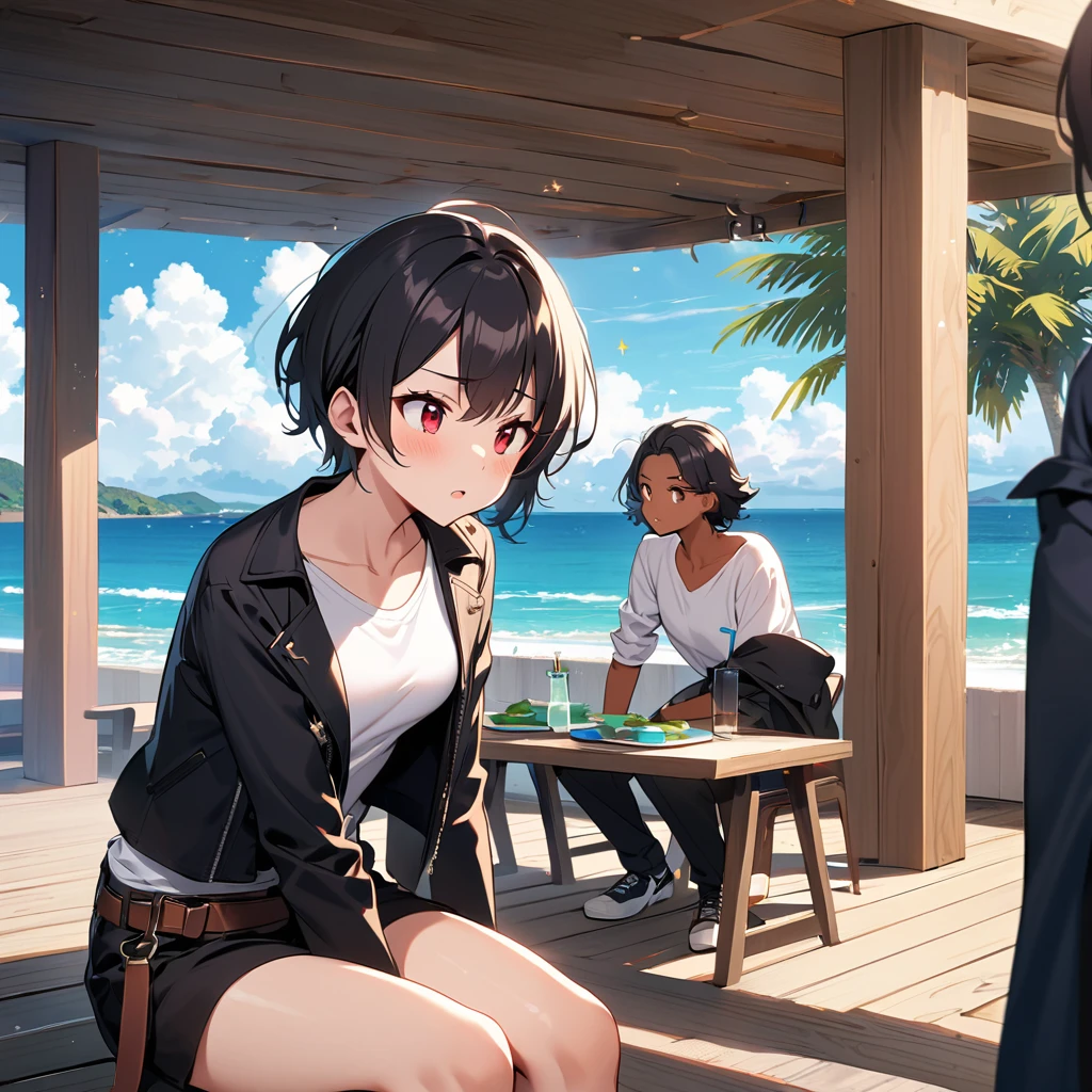 One person,woman,Exasperated face,everyone is sitting,short hair,Black Hair,Dark Skin,Red eyes,（black jacket with sleeves rolled up）,Fingerless gloves,White T-shirt, （White headband）,Black trousers,White shoes,Brown belt,cute,Indoor Party,Charm Points,Ocean View,Slightly large chest,Outdoor,high quality,good looking,Confident sulky face,I&#39;m on the terrace,友人はwomanを見る