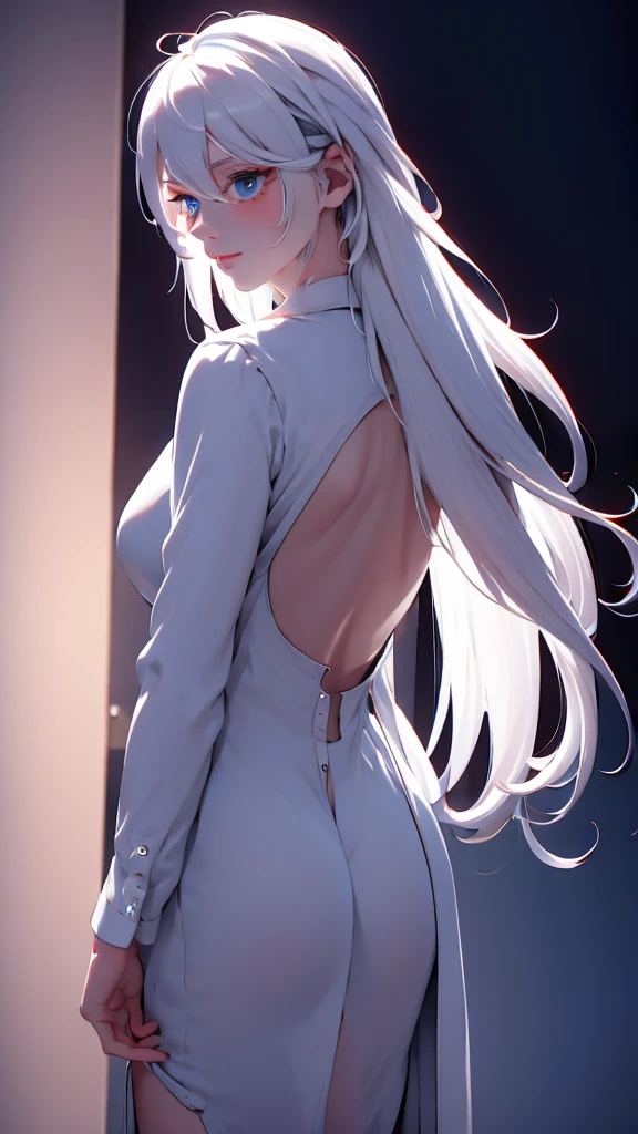 1 Girl, medium light white hair, light blue eyes, wearing Black Suit 4D , night club TOWN , high res, ultrasharp, 8K, masterpiece, looking from behind