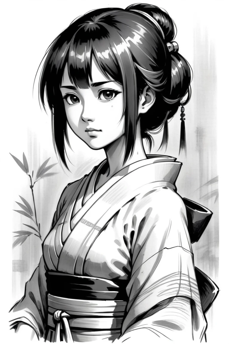 japan cavei girl, Middle Ages, japan artstyle, drawing with papyrus, large strokes, finalized with ink, fine lines, sketch artstyle, graycale, monochrome