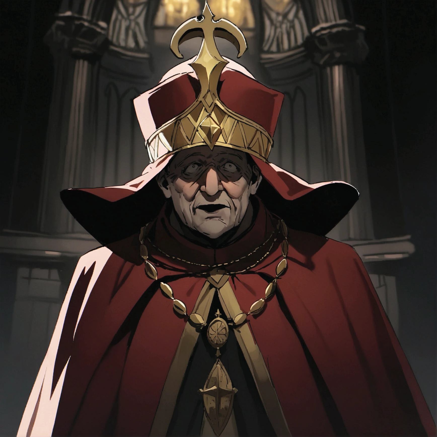 An old and ugly man, in a completely red tunic with gold details similar to a pope&#39;s robe, he wears a clergyman&#39;s hat, a scary golden mark on his face, the mask only has eyes and black details, It looks like a Venetian carnival bandana that covers the entire face, dark background of a church