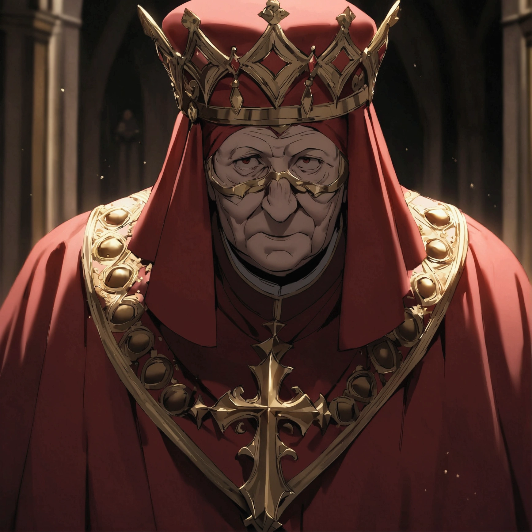 An old and ugly man, in a completely red tunic with gold details similar to a pope's robe, he wears a clergyman's hat, a scary golden mark on his face, the mask only has eyes and black details, It looks like a Venetian carnival bandana that covers the entire face, dark background of a church