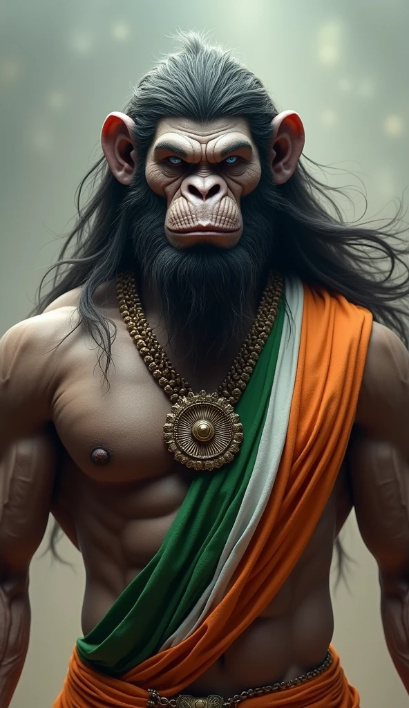 "Create an image of a powerful, muscular, and majestic humanoid figure with the head of a monkey, resembling Lord Hanuman. The figure should have long flowing hair, a fierce expression, and Blue eyes. He is adorned with the Indian tricolor (saffron, white, and green) draped as a sash across his chest, symbolizing patriotism. A prominent pendant with the Ashoka Chakra hangs around his neck. The background should be minimalistic, focusing on the figure's intense and divine presence, with subtle lighting highlighting the muscular definition and details of the figure."