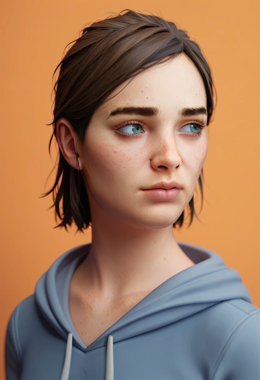 score_9, score_8_up, score_7_up, BREAK  1girl, solo, ellie \(the last of us\), portrait, looking to the side, orange background, hoodie,