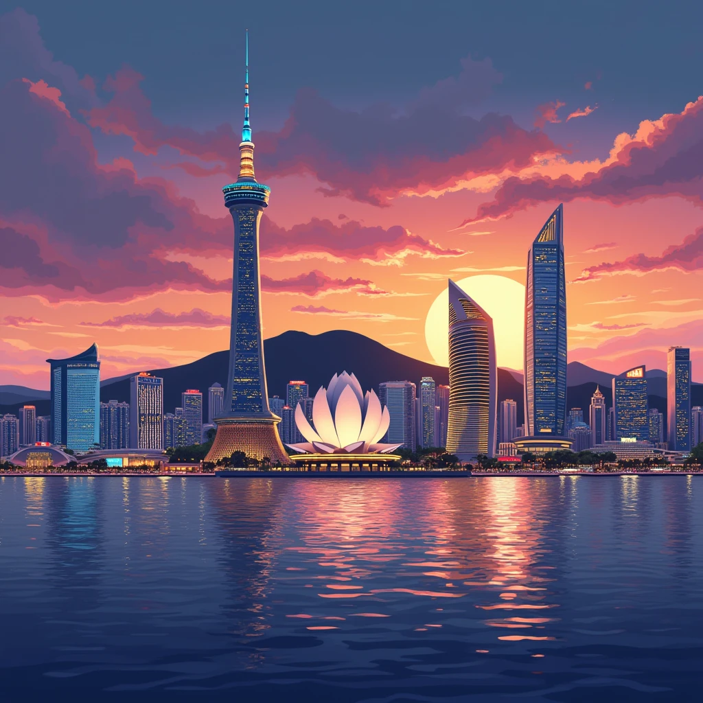 Illustrate the iconic skyline of Macau at dusk, featuring the Macau Tower, Grand Lisboa, and the futuristic elements of the Cotai Strip, with vibrant vector colors.