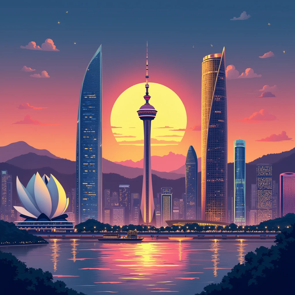 Illustrate the iconic skyline of Macau at dusk, featuring the Macau Tower, Grand Lisboa, and the futuristic elements of the Cotai Strip, with vibrant vector colors.