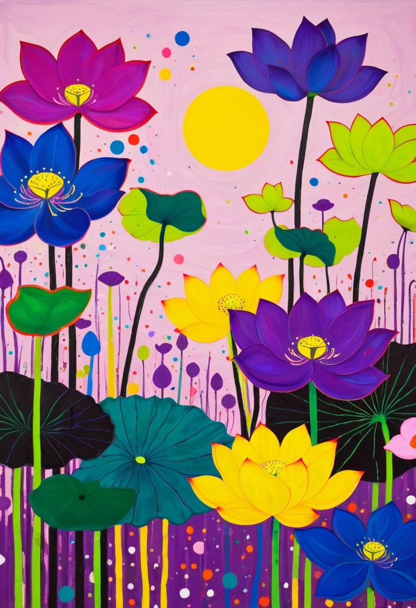 A painting,Inspired by Yayoi Kusama:(((Colorful black,Chalk painting,Oil stick painting,Volume,Thick coating,Uneven texture,Plaster texture,Graffiti,Dot)))。Colorful black,(((Lotus pod))), Bright colors, Purple和, cute的, Bright colors,cute, Lavender Color and Color Schemes, 和Purple的配色方案, Beautiful Art, Purple, Whimsical Art, 和Purple色调, Lime and Violet, Close together,, spring, Inspired by Tomokazu Matsuyama, Delightful