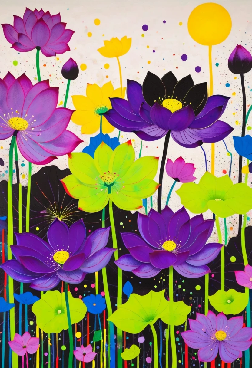 A painting，Inspired by Yayoi Kusama：(((Colorful black，Chalk painting，Oil stick painting，Volume，Thick coating，Uneven texture，Plaster texture，Graffiti，Dot)))。Colorful black，(((Lotus pod))), Bright colors, Purple和, cute的, Bright colors，cute, Lavender Color and Color Schemes, 和Purple的配色方案,  Beautiful Art,  Purple, Whimsical Art, 和Purple色调, Lime and Violet, Close together,, spring, Inspired by Tomokazu Matsuyama, Delightful