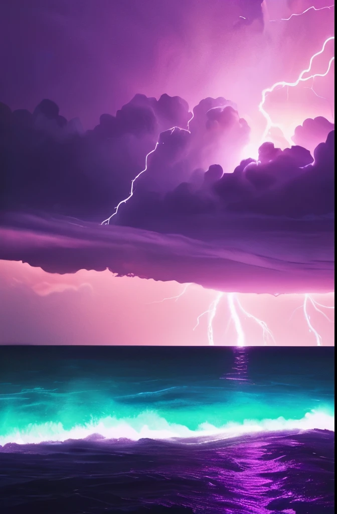 purple lightning streaks over a body of water under a cloudy sky, a picture by Anato Finnstark, tumblr, romanticism, dramatic purple thunders, pink lightning, pink storm clouds, magenta lighting. fantasy, purple lightning, beautiful lightning, dramatic pink light, purple. ambient lightning, lightning clouds, beatifull lightning, amazing lightning, exquisite lightning
