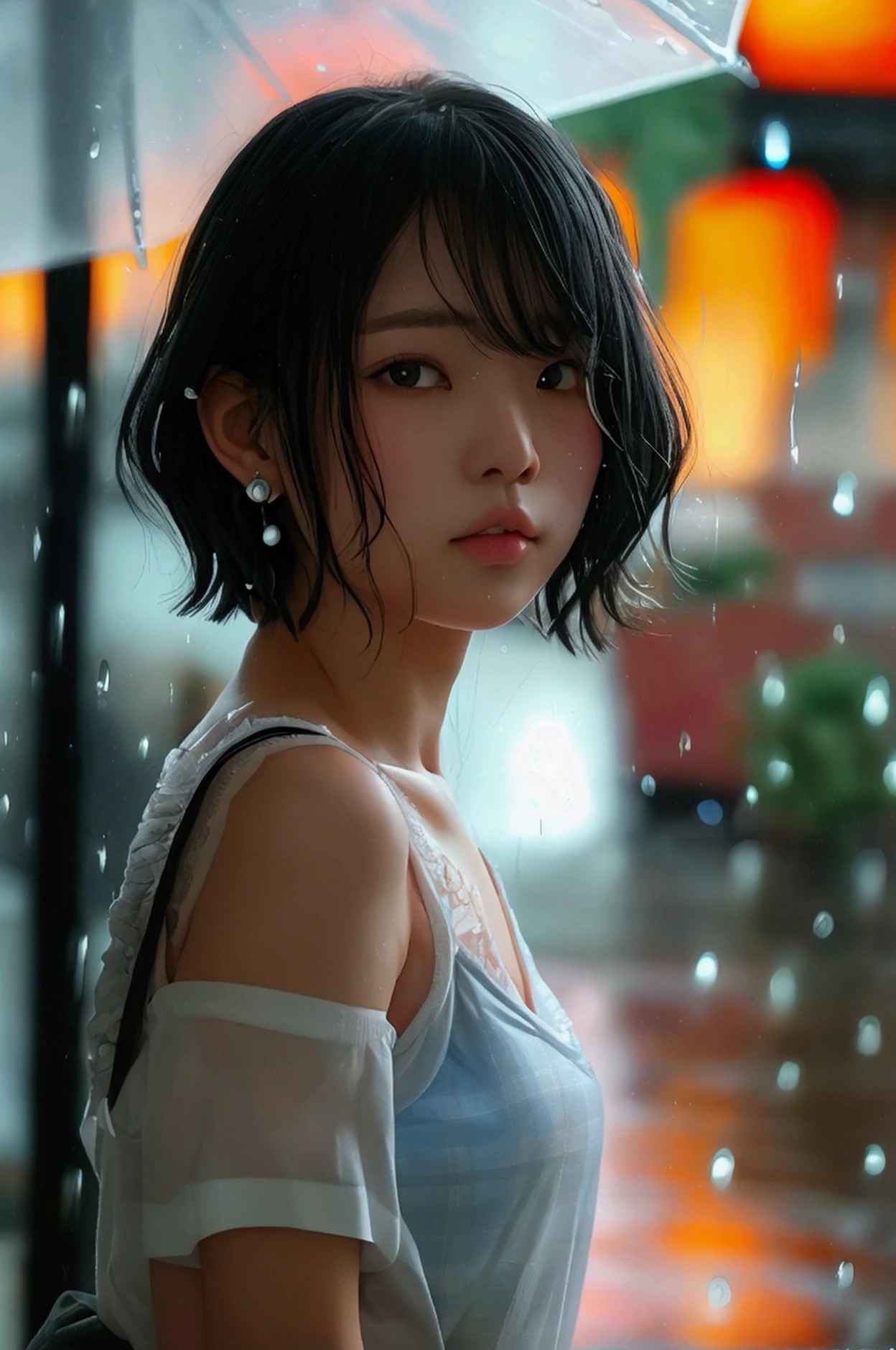 (8k, Photorealistic, Raw photo, Highest quality: 1.4),Japanese idol-style beautiful girl,1 person,,(Short Bob),(Black),She has her hair tucked behind her ears,Clear grey eyes,Eyes moist,Long eyelashes,(piercings(small)),(Lip gloss),lips(Plump,glossy),Skin that is as white and smooth as translucent porcelain,Thin and delicate shoulders,thin abdomen,(blouse(White,Short sleeve)),(bra(Pink)),(Pleated skirt(Plaid)),(socks(Dark blue)),(loafers),summer,On the way home from school,Sudden rain,Soaked from head to toe,シャツが濡れて透けてbraが見えている,On the way home from school,Rain shelter under the eaves,She looks out at the rainy street,(composition((A view from across the street from her front),(middle distance description(The distance between us is 5m))),(Full body snapshot: 1.4))