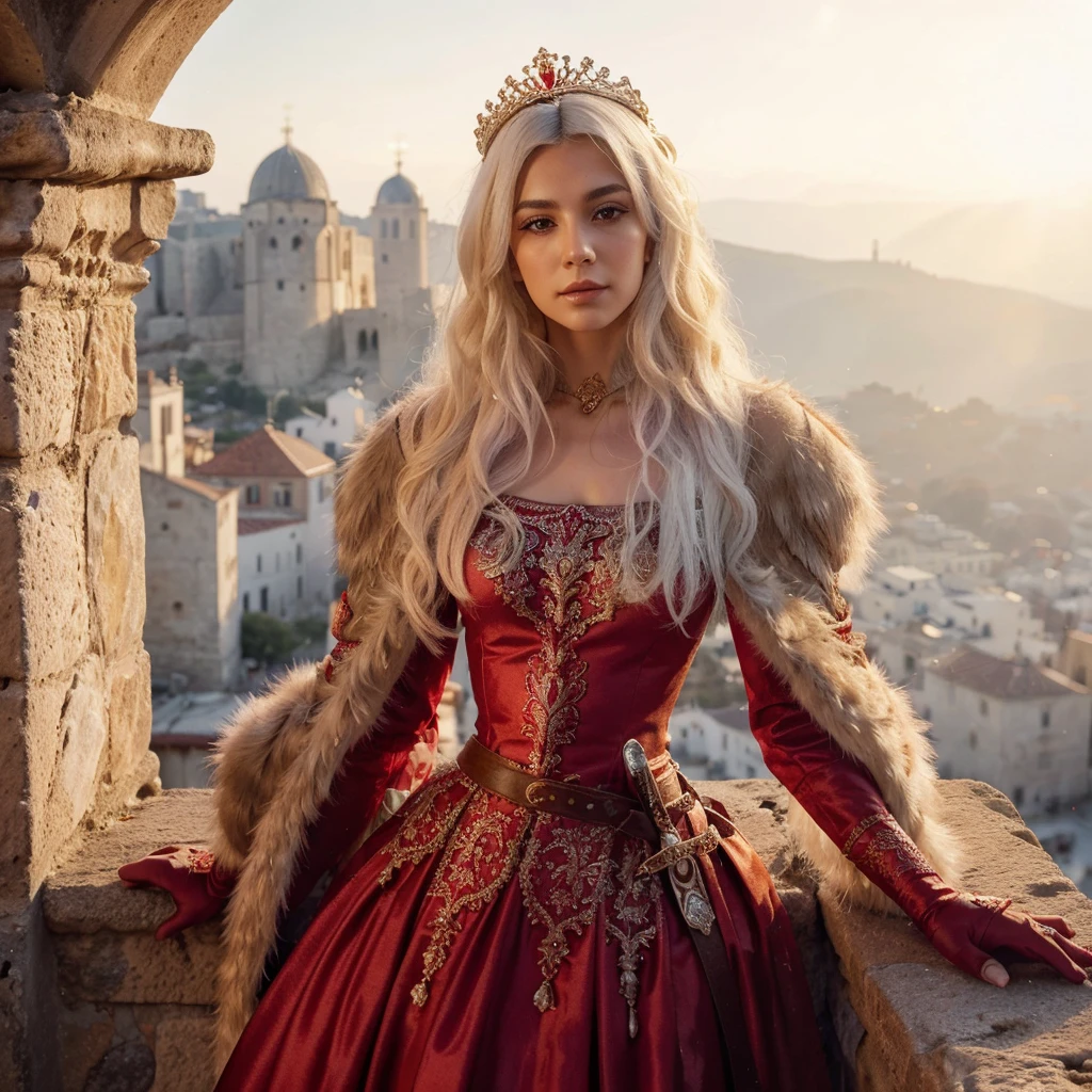half-body potrait of a 30yo hellenic lady with white hair posing in the edge of a stone balcony. dressed in fancy red medieval royal dress with fur cloak and little tiara. a dagger on his hip. vast medieval city within the wall as the background, sun light exposed, golden hour. high definition, ultra resolution, dynamic gesture