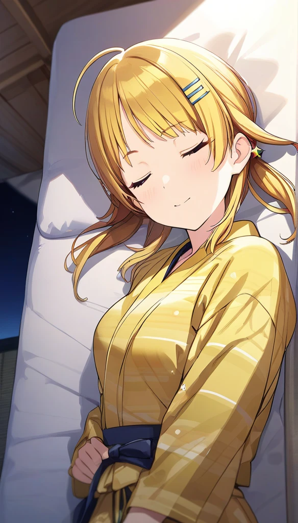 (masterpiece),(Highest quality),(Very detailed),(Best illustrations),(Best Shadow),(Absurd),(Detailed Background),(so beautiful),  Hachimiya Meguru, One person, Blonde, alone, hair ornaments, chest, Twin tails, Hair Clip, Long Hair, Yellow yukata, night, Closed eyes, Background blur, Dark Room, Japanese-style room, Sleep, sleeping face, Lying on your back, mattress, Duvet