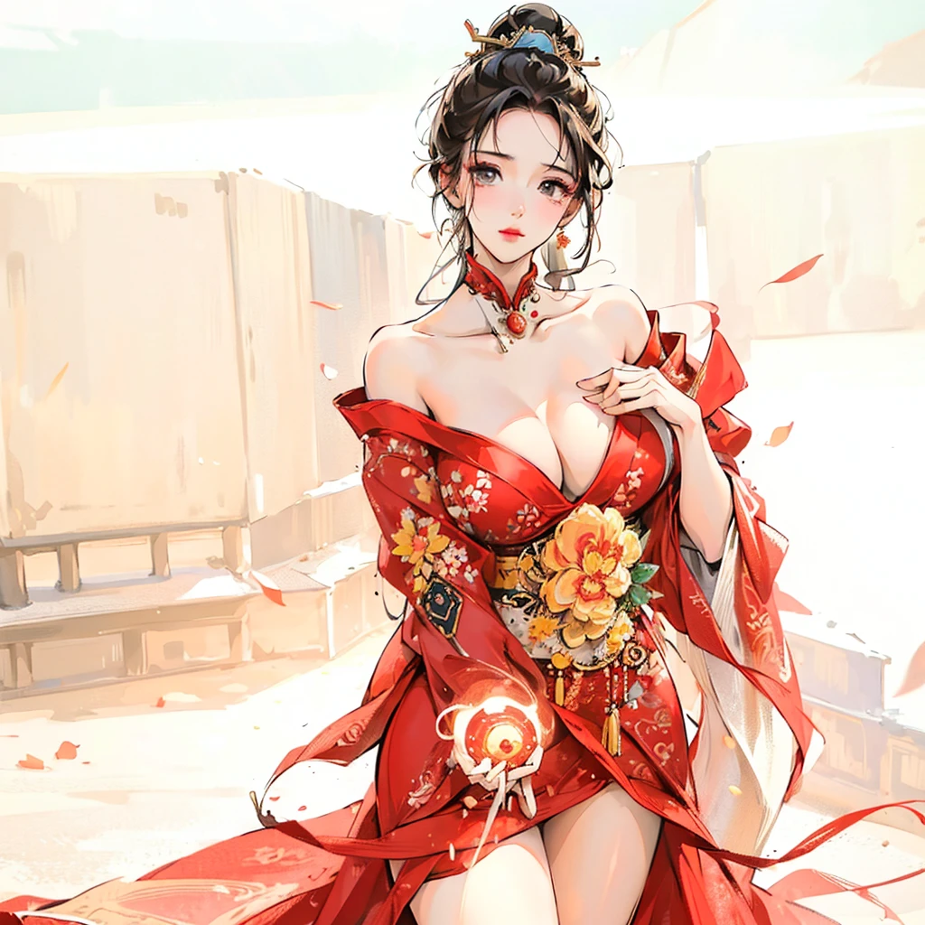 ((no background:1.0)), (cowboy shot), best quality, masterpiece, Solo, detailed sexy woman, ancient Chinese costume, large breasts, open neckline, curvy, red dress, black choker