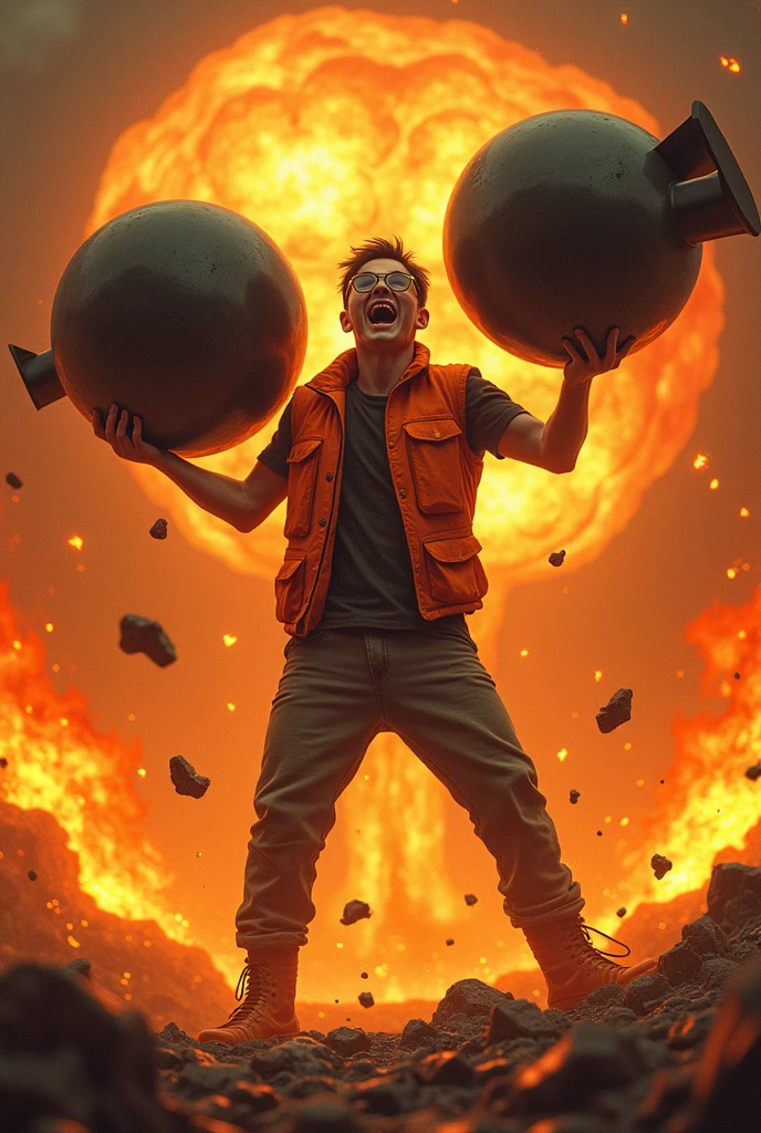 Thin and wearing glasses２０A man about the age、Laughing in madness、wearing an orange vest、He is holding a nuclear bomb bigger than himself in both hands, ready to throw it.、The sea of fire all around