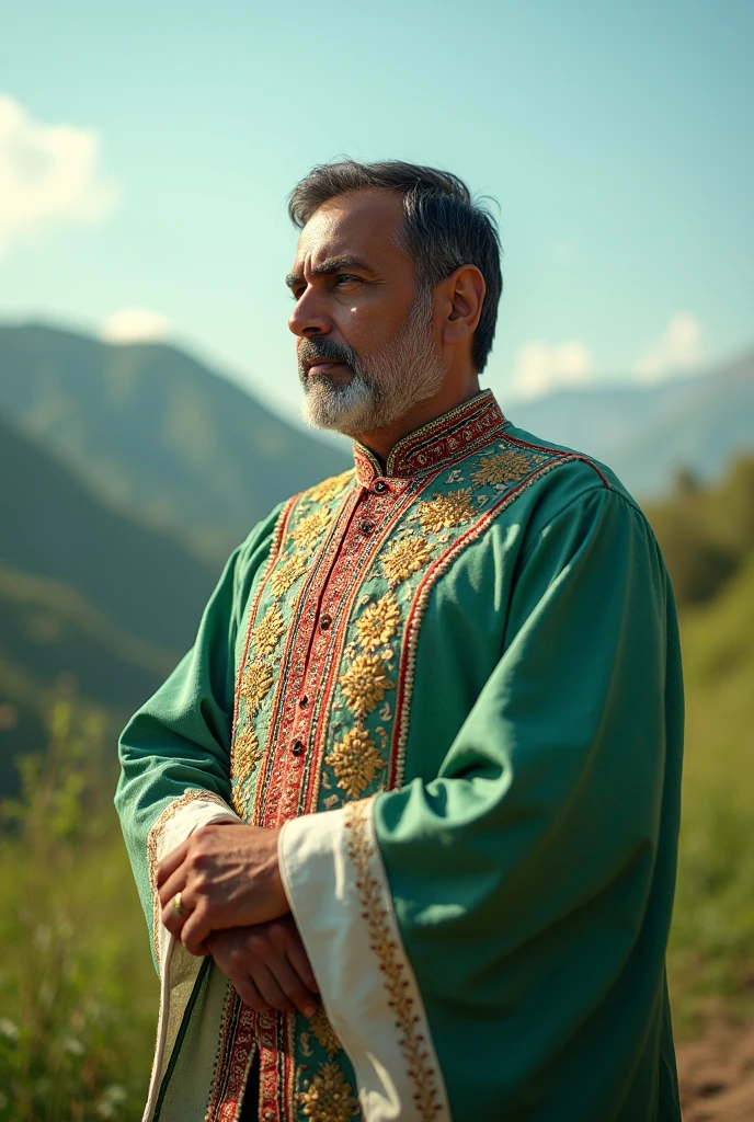 “A man wearing a long, flowing dress in the colors of the Pakistani flag - green, white, and red. The dress should have a traditional Pakistani design and the man should have a serious, thoughtful expression on his face.”
Here are some additional details you can include in the prompt:
Specify the man’s ethnicity/appearance (e.g. South Asian, Middle Eastern, etc.)
Add details about the dress design, such as embroidery, patterns, or traditional Pakistani motifs
Describe the man’s pose or body language (e.g. standing upright, sitting cross-legged, etc.)
Include the background setting, such as a traditional Pakistani landscape or architecture
Adjust the lighting, mood, and overall artistic style (e.g. photorealistic, painterly, etc.)