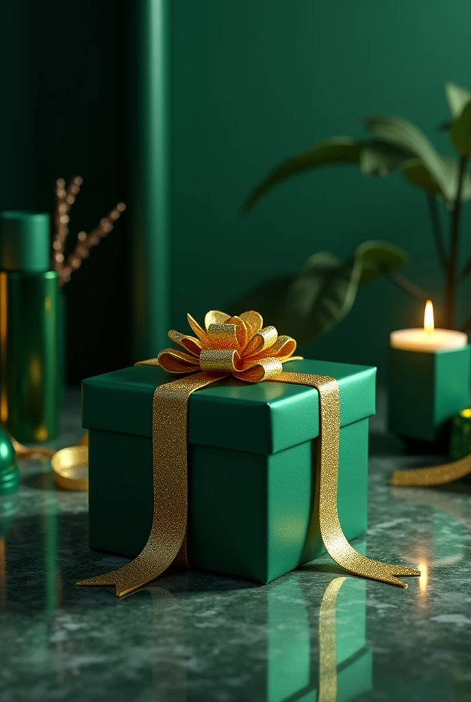 "Design an image with an emerald green theme featuring a beautifully wrapped emerald green gift box with a gold ribbon, placed on a marble surface. Surround the gift box with emerald green decorative items like geometric shapes and candles. The background should be a dark emerald green with subtle gold accents, and soft lighting should highlight the luxurious details."