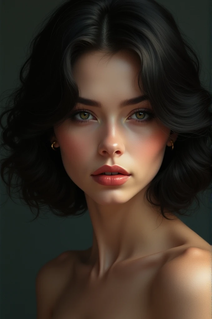 Perfect woman, dark hair, square face, round chin, deep look
