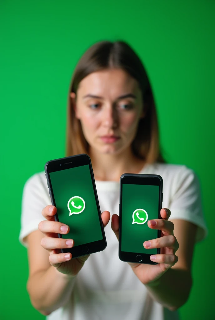 Photo of a woman showing two phone screens (plain green background with WhatsApp logo)