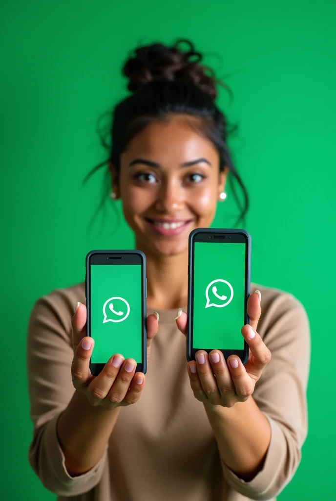 Photo of a woman showing two phone screens (plain green background with WhatsApp logo)