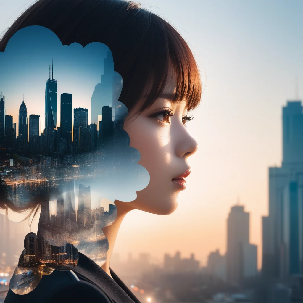 Double Exposure Style,a city skyline on the woman face,double image ghost effect,image combination,double exposure style,1girl,, (masterpiece,best quality,ultra-detailed,very aesthetic, absurdres)