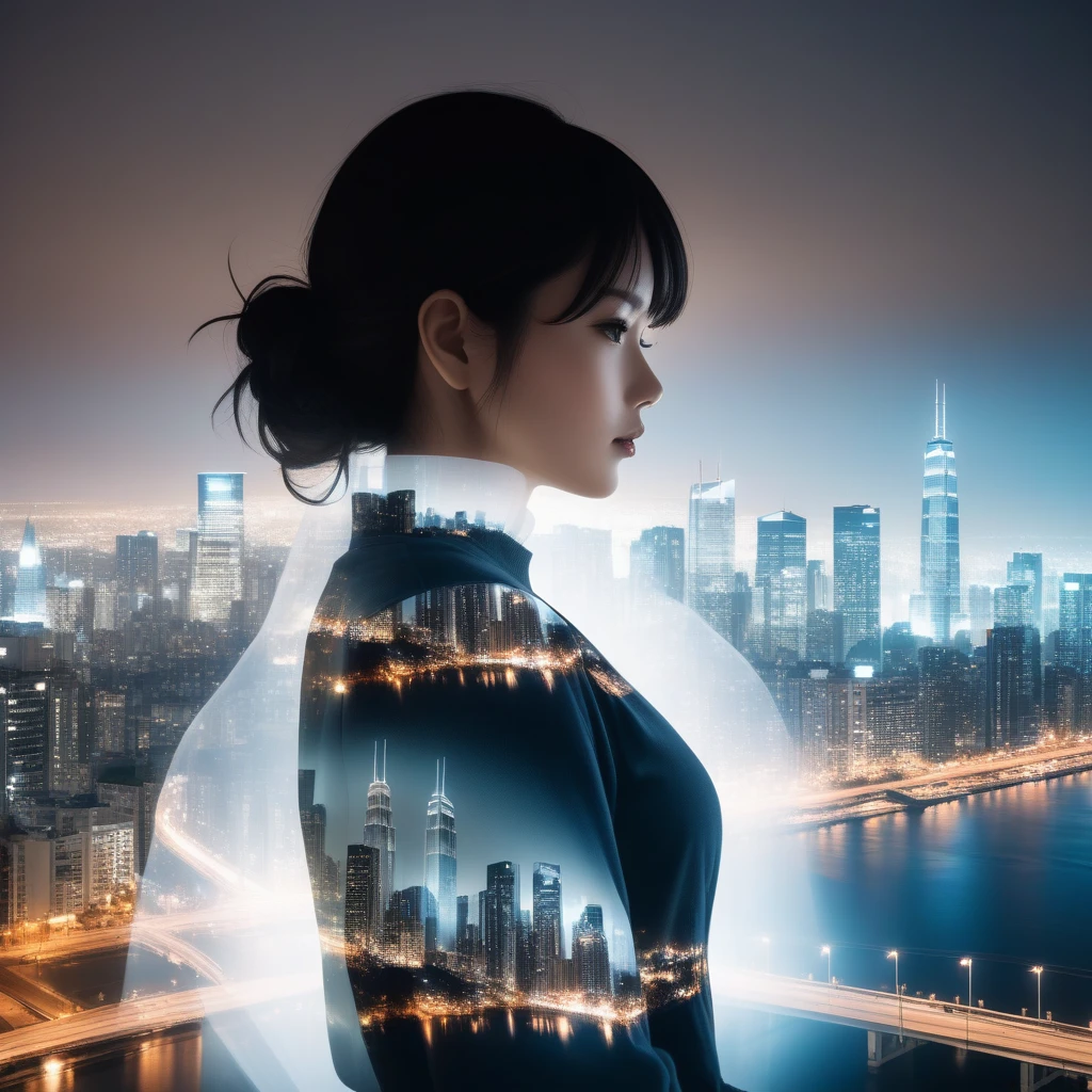 Double Exposure Style,a city skyline on the woman face,double image ghost effect,image combination,double exposure style,1girl,, (masterpiece,best quality,ultra-detailed,very aesthetic, absurdres)