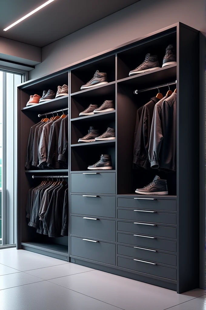 Design a modern closet in a Gamer style, featuring a 4x4 white and black dresser with 16 drawers, each drawer measuring 120 cm wide. On top of the dresser, include an open clothing rack with hangers to hang clothes. To the right of the dresser, leave space for several shelves designed specifically for storing sneakers. The overall aesthetic should incorporate a sleek, futuristic design with elements that appeal to a gamer, such as LED lighting, sharp lines, and a combination of matte and glossy finishes.

