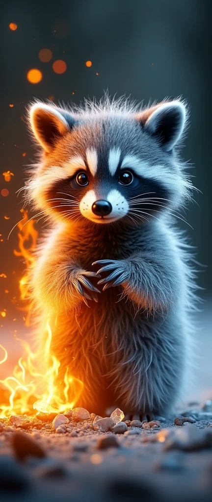 A stunning, high-resolution photo-realistic image capturing the dramatic transformation of a a cute extra fluffy baby realistic raccoon from fire to ice. The body is covered in flames at one moment, then transitions to an icy, crystalline form in the next. The dark background accentuates the contrasting elements of fire and ice, while the long duration and high motion blur emphasize the fluidity of the transformation. The overall effect is a breathtaking, dramatic display of nature's elements at their most powerful., photo, 3d render, conceptual art