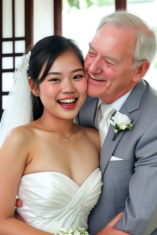 full body, wide shot, bride is 20 years old thai girl, groom is 70 years old white man, groom is grey hair, groom is very ugly and laughing insidiously, bride and groom posing for a photo in white wedding attire, (bride is blightly smile and Glamor body type and open mouth and tongue out), smooth white tight clothes suit, ((awe and joy expression)), wedding photo, wearing a wedding dress, lovely couple, official, wearing a white tuxedo, official photos, getty images, (((((old white man hugging on thai girl's breasts))))),
