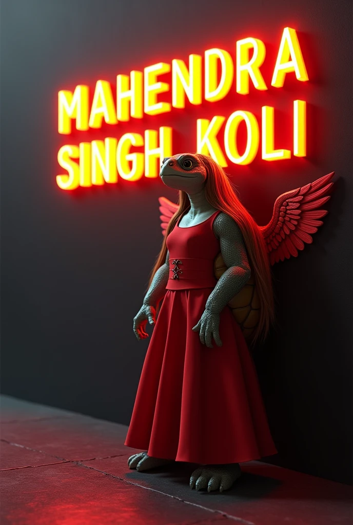 Create a 3D realistic image of a 20 year-old attitude turtal wearing a red dress, with, Long Hair style. He leaning against a wall with the name ”MAHENDRA SINGH KOLI” written top in big capital stylish yellow neon font written on the back black wall, hyper realistic 32k with fantasy style and the Black 3d red neon light Angels wings.