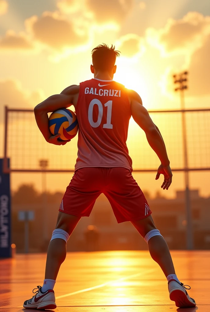 A male volleyball player wit name as SRI VATSHAN and jersey number as 01 (stand turning back) with his volleyball in sunlight background