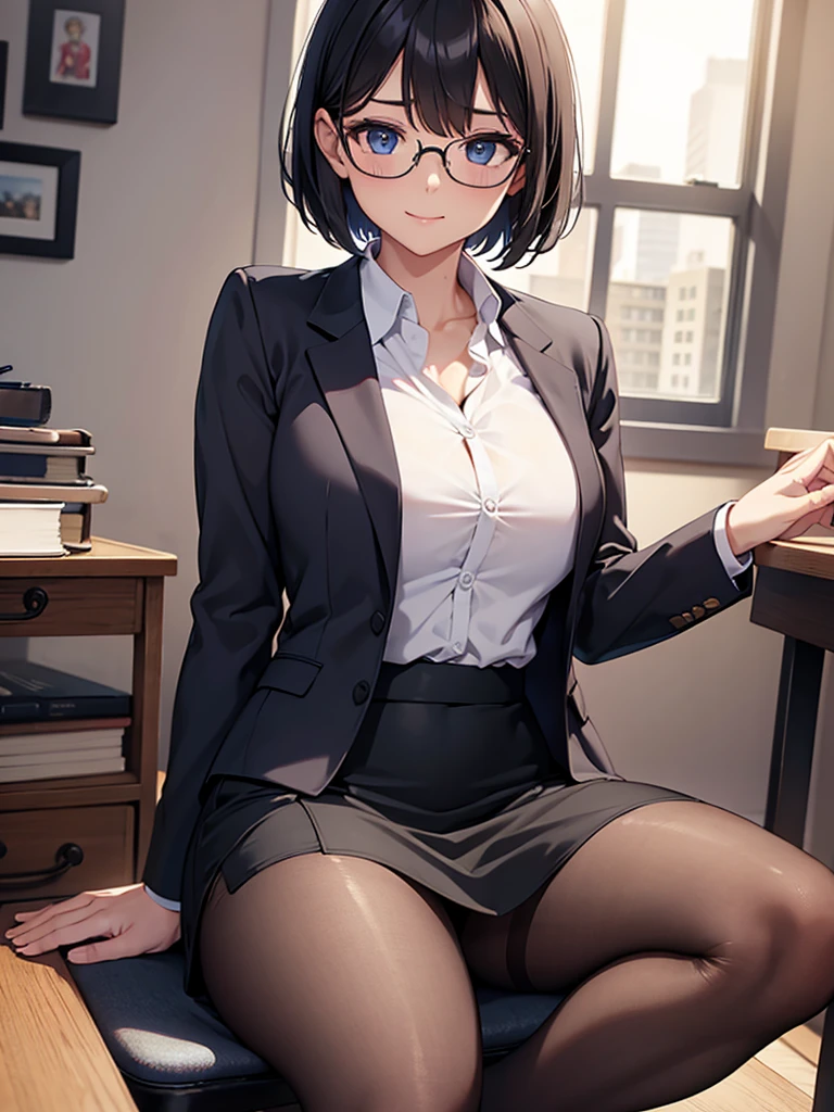 masterpiece, best quality, high definition images, atmospheric perspective, expressive eyes, perfect face, ultra detailed, solo,  1mature seductive woman while undressing, sitting on desk, alluring pose, sexy, black short bob hair, simple glasses, calm smile, shy, female teacher, business suit, jacket, blouse, pencil skirt, tight mini skirt, lifting skirt, spread legs, black panties, curvy, thighs, pantyhose, high heals,  in study room,