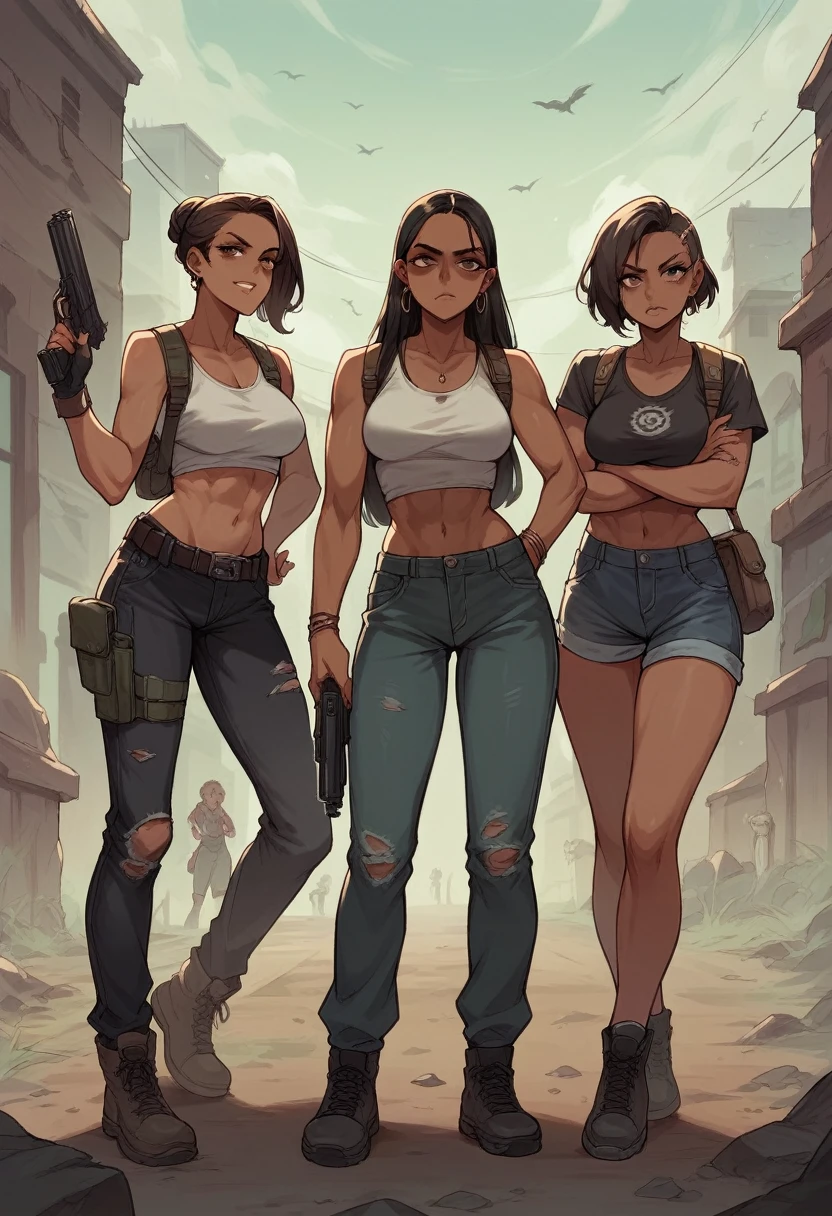 an apocalyptic zombie city. three latina girls with guns