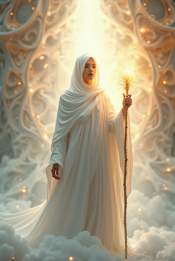 (highly realistic) (work of art) (4k image quality) (hyper detailed) (beautiful perfect face)(fot)(Approximate image)(肌肉男)(sensuous)
"Create an ethereal, luminous scene set in the fifth dimension, featuring a wise fractal being that radiates light. The being is wrapped in a fluid white cloak that covers its entire body, symbolizing purity and wisdom. In your hands, he holds a shining staff, symbol of ancient knowledge and power. The background is filled with soft, luminous fractal patterns that evoke a sense of harmony and enlightenment.. The atmosphere must be serene, with a warm and welcoming light that conveys a message of peace, spiritual ascension and elevation."