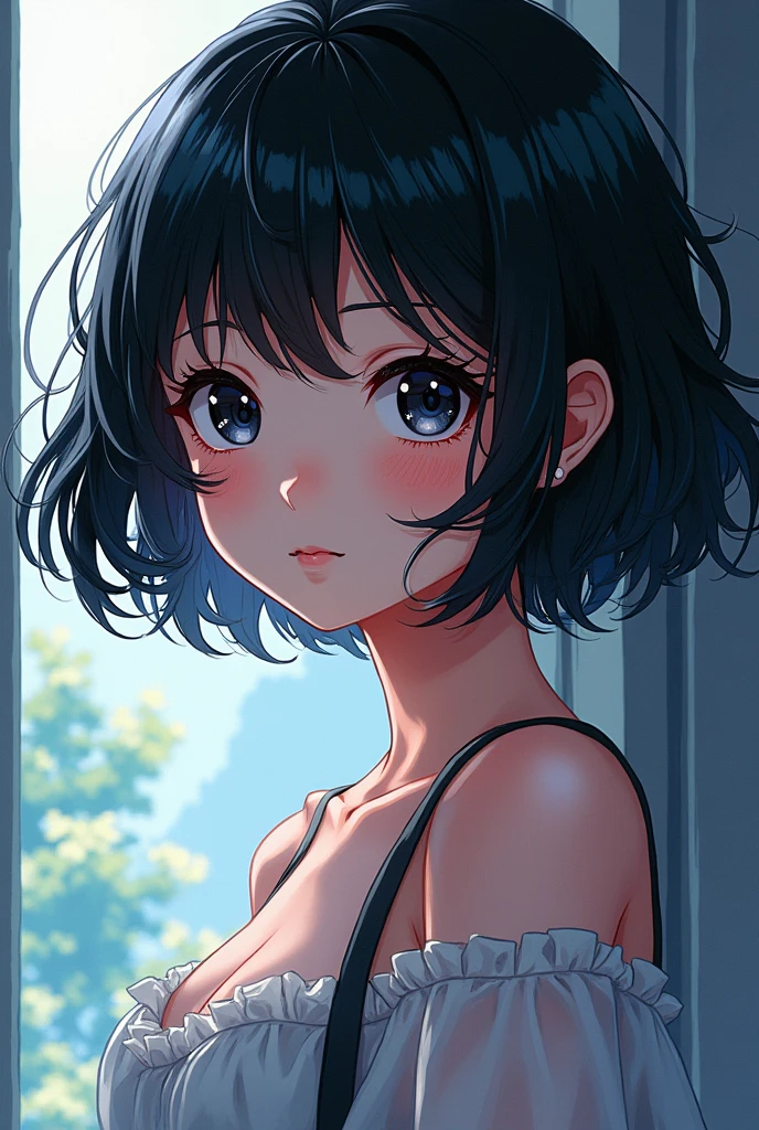 Anime, woman, short black hair, black eyes, 
