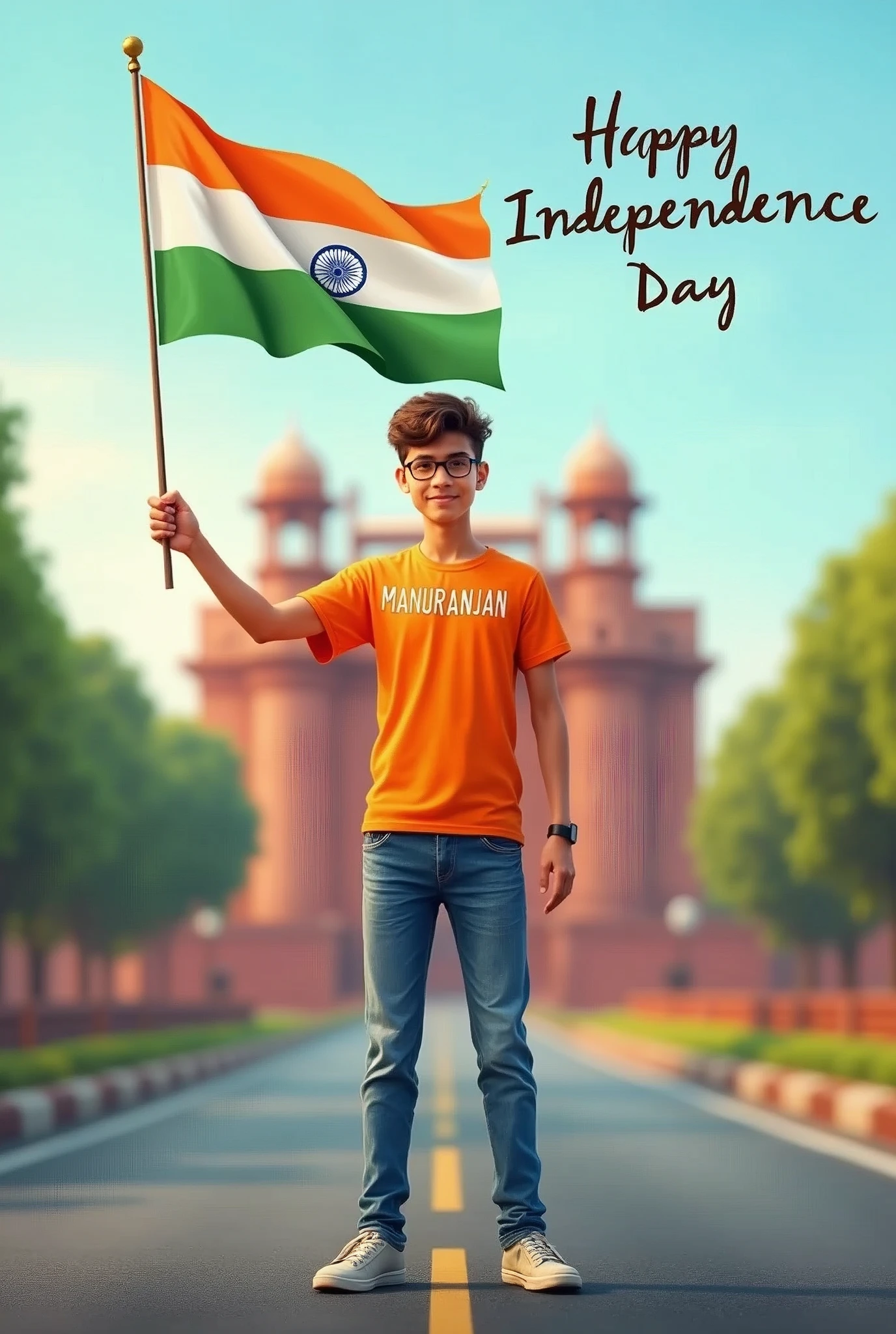 A real 20 years old boy, Wearing Orange T shirt blue jeans sneakers and the name “MANURANJAN” is written on his t-shirt and the boy is standing on the road with holding a national flag of India, and behind him is the Red Fort Delhi. And written on sky “Independence Day” Create Realistic image high quality