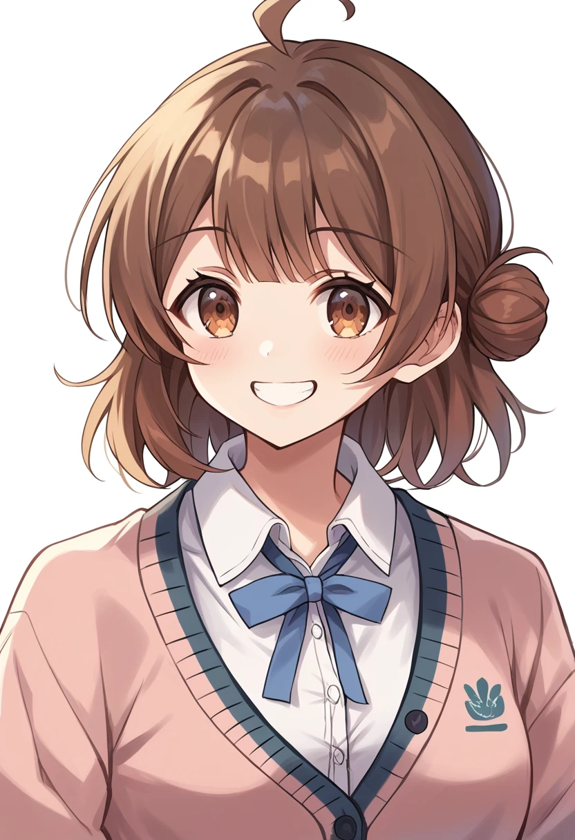 score_9, score_8_superior, score_7_superior, score_6_superior, score_5_superior, score_4_superior, Break Source_anime,
masterpiece, Highest quality, Super detailed, Perfect Face, Detailed face,
ume-default, Hanami Ume, Brown eyes, smile,Brown Hair,Medium Hair, Hair Bun,Ahoge,school uniform, cardigan,Dress shirt
